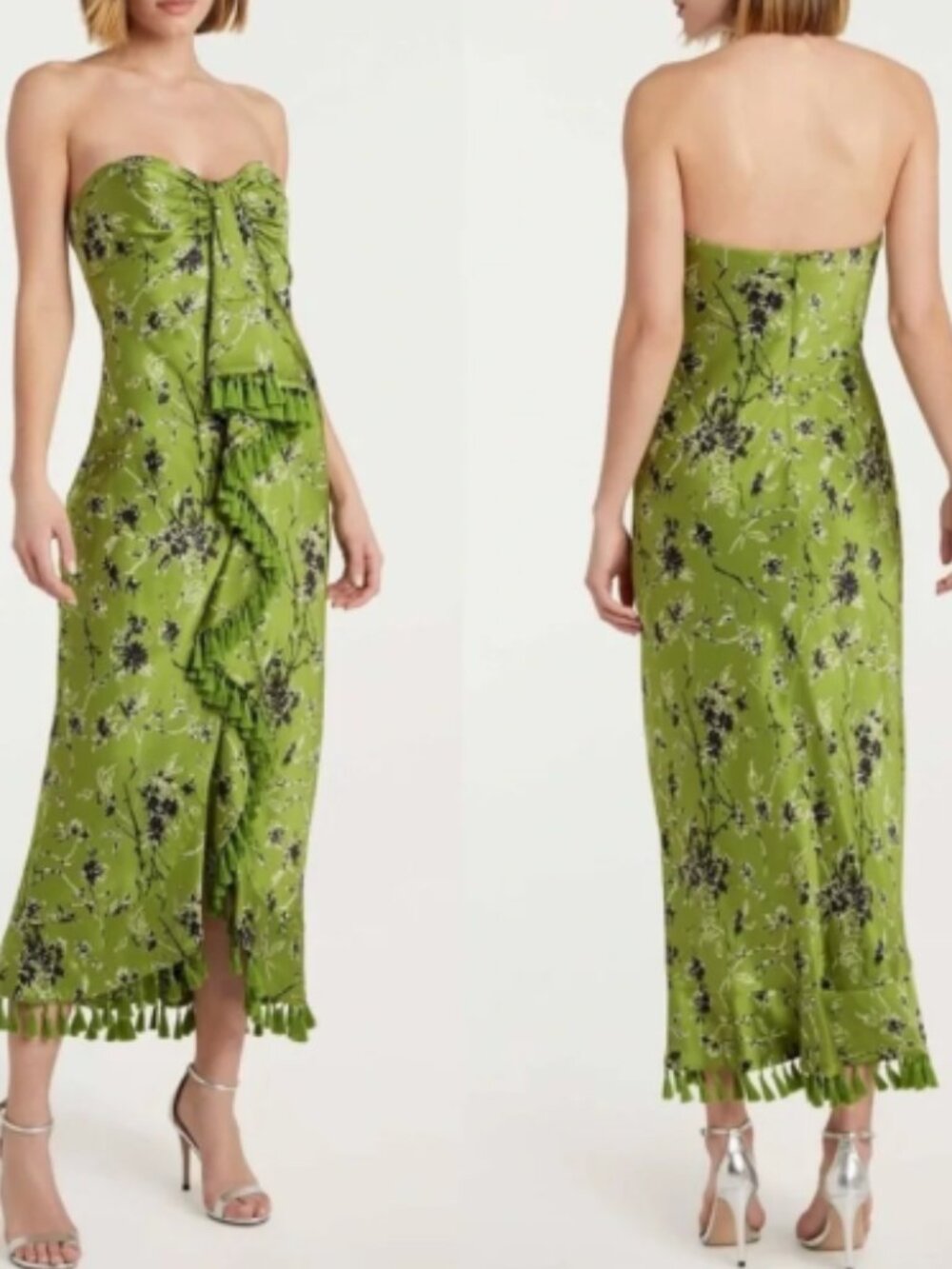 Cinq à Sept Wildflower Elise Silk Strapless Fennel Tassel Dress Size 0